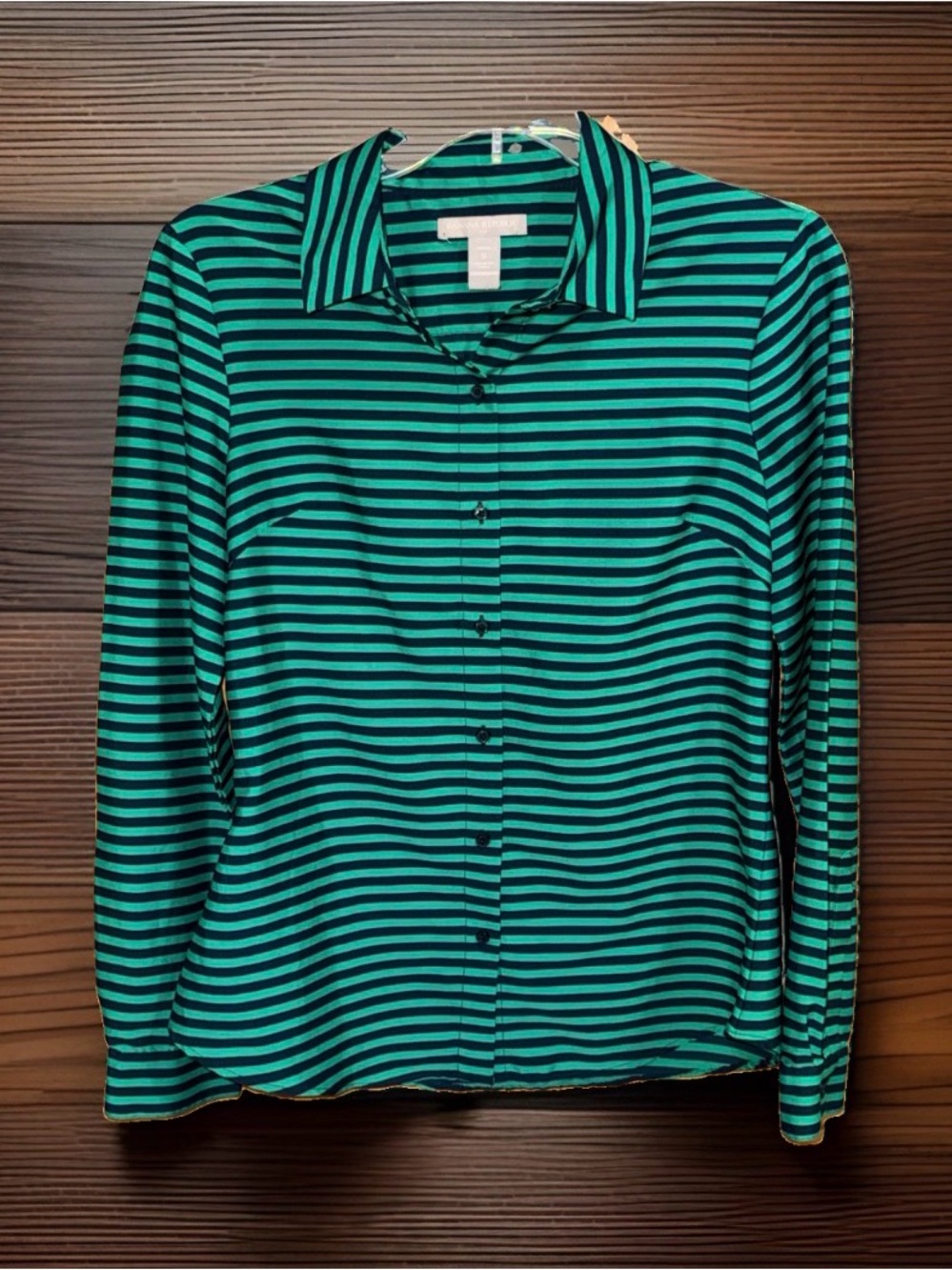 Banana Republic Striped Green & Navy Button-Up Women's Top-PS-EC.